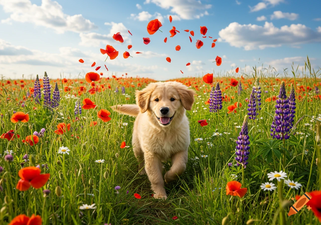 A golden retriever puppy joyfully runs through a vibrant field of red poppies, purple lupines, and white daisies under a blue sky.