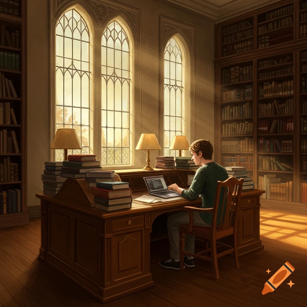A student works on a laptop at a large wooden desk in a grand library, bathed in sunbeams from arched windows.