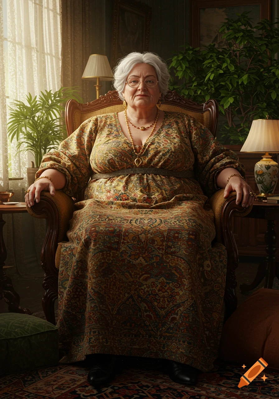 Photorealistic portrait of a heavy-set elderly woman with grey hair and glasses, sitting in an ornate armchair in a warm room.