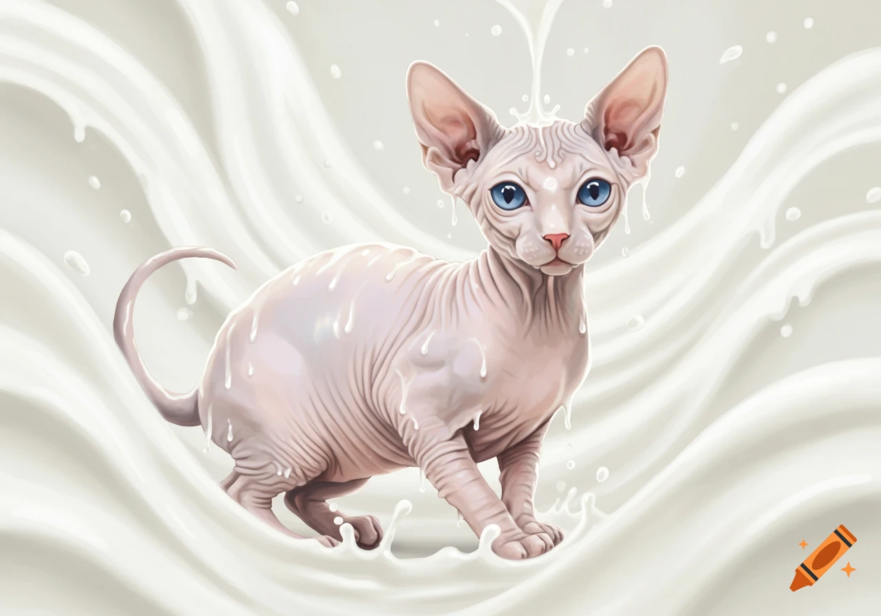 A hairless Sphynx cat with blue eyes stands in a pool of white milk, splashes and drops covering its body.