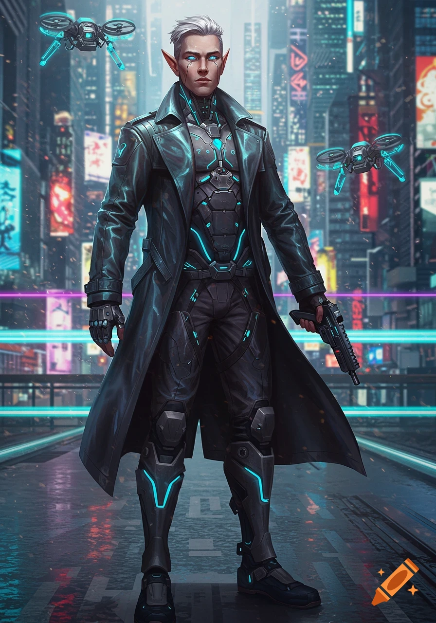A white-haired sci-fi elf mercenary with glowing blue eyes, wearing a black trenchcoat and armored suit with blue lights, stands in a cyberpunk city with drones.