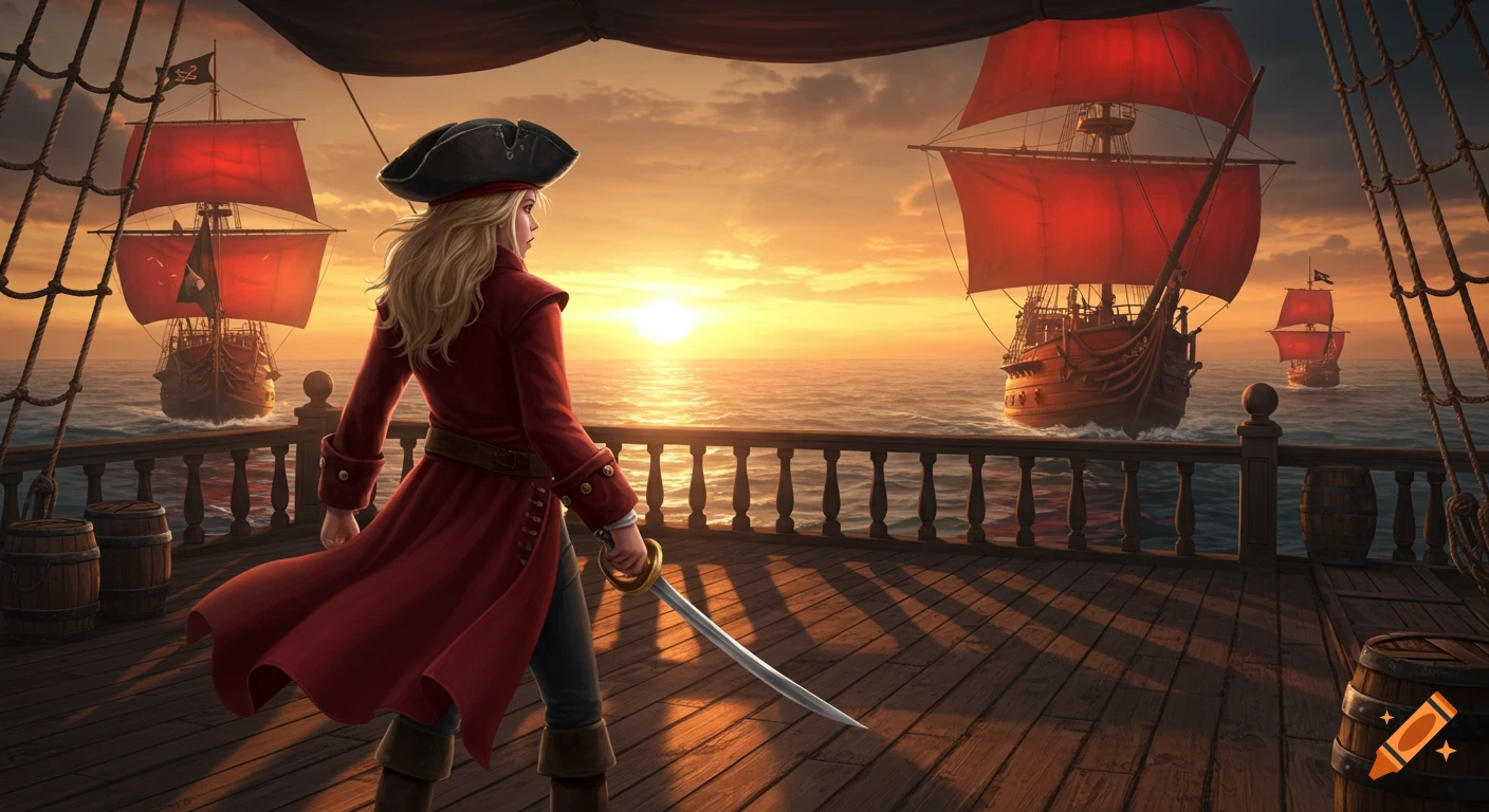 Illustration of a blonde pirate girl in a red coat on a ship's deck, watching other pirate ships with red sails at sunset.