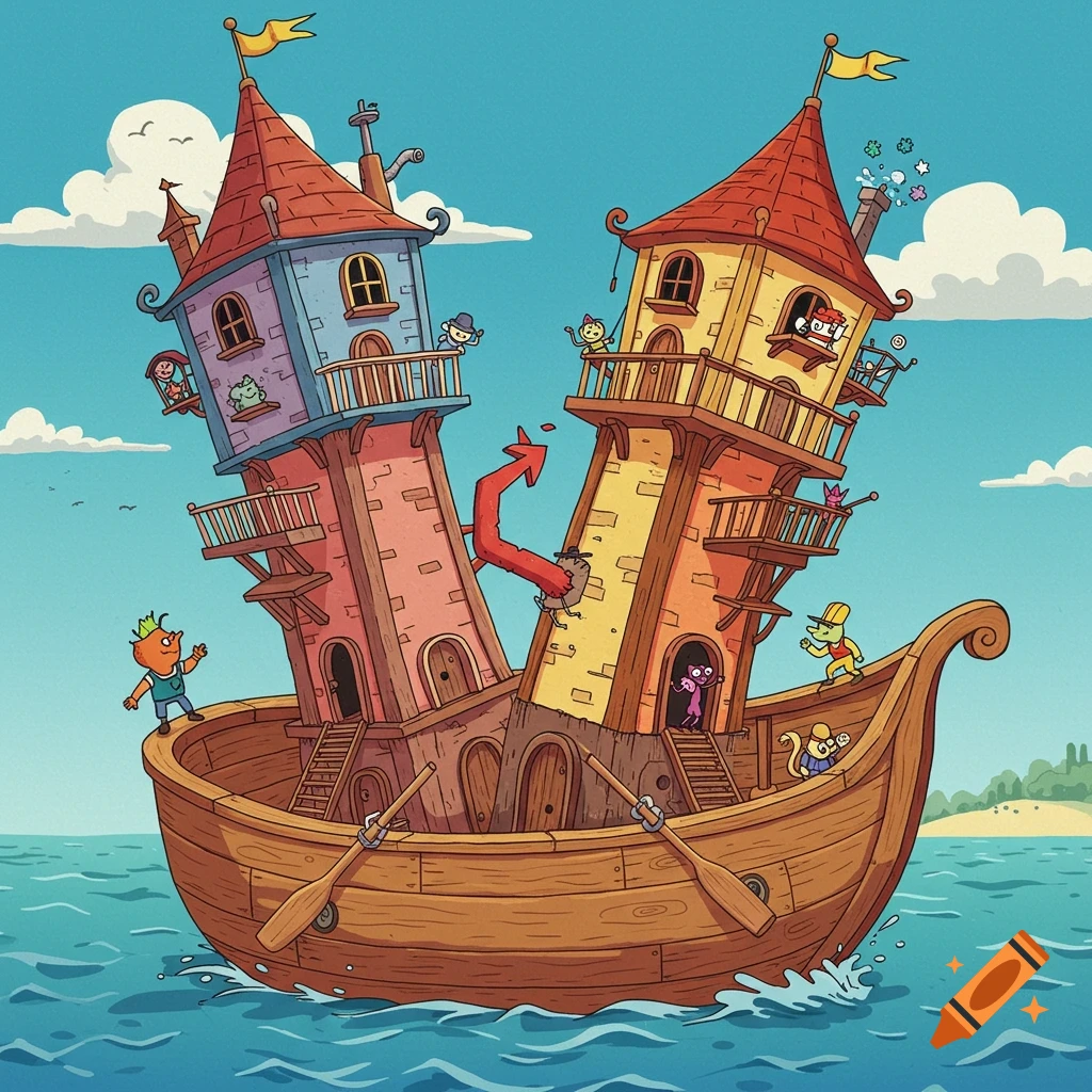 A whimsical cartoon shows two colorful, leaning towers on a wooden boat with oars, floating on a blue sea under a clear sky, with various small characters around.