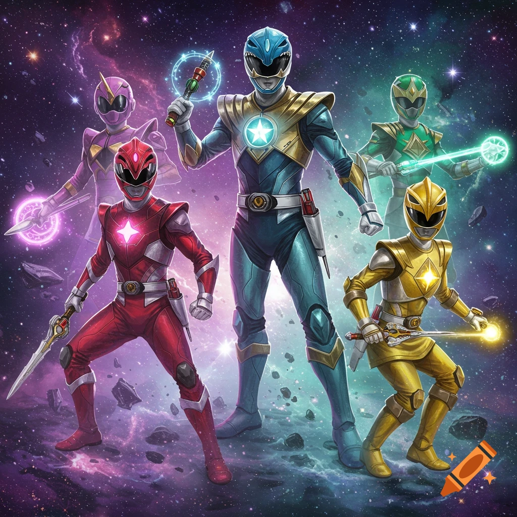 Five armored Power Rangers-like figures in red, blue, purple, green, and gold stand in outer space, holding glowing weapons.