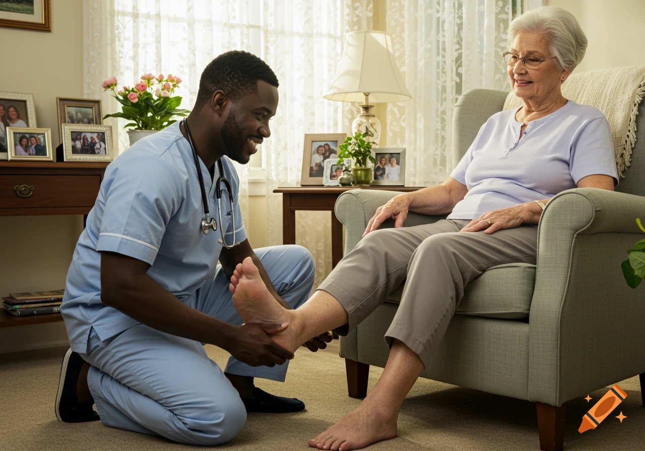 A smiling Black male nurse kneels, gently examining the foot of an elderly woman sitting in an armchair in her home.