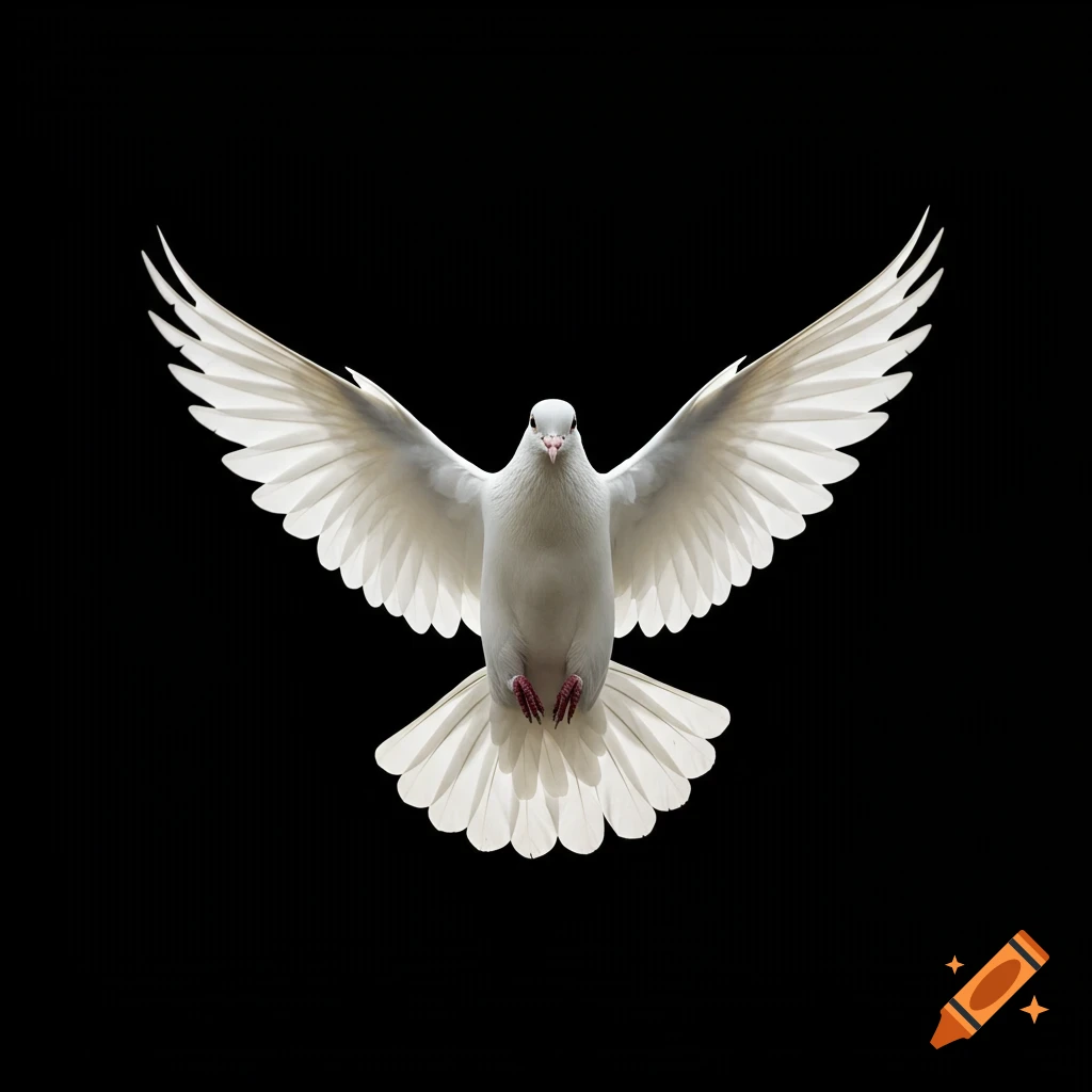 A white dove with outstretched wings flying against a solid black background.