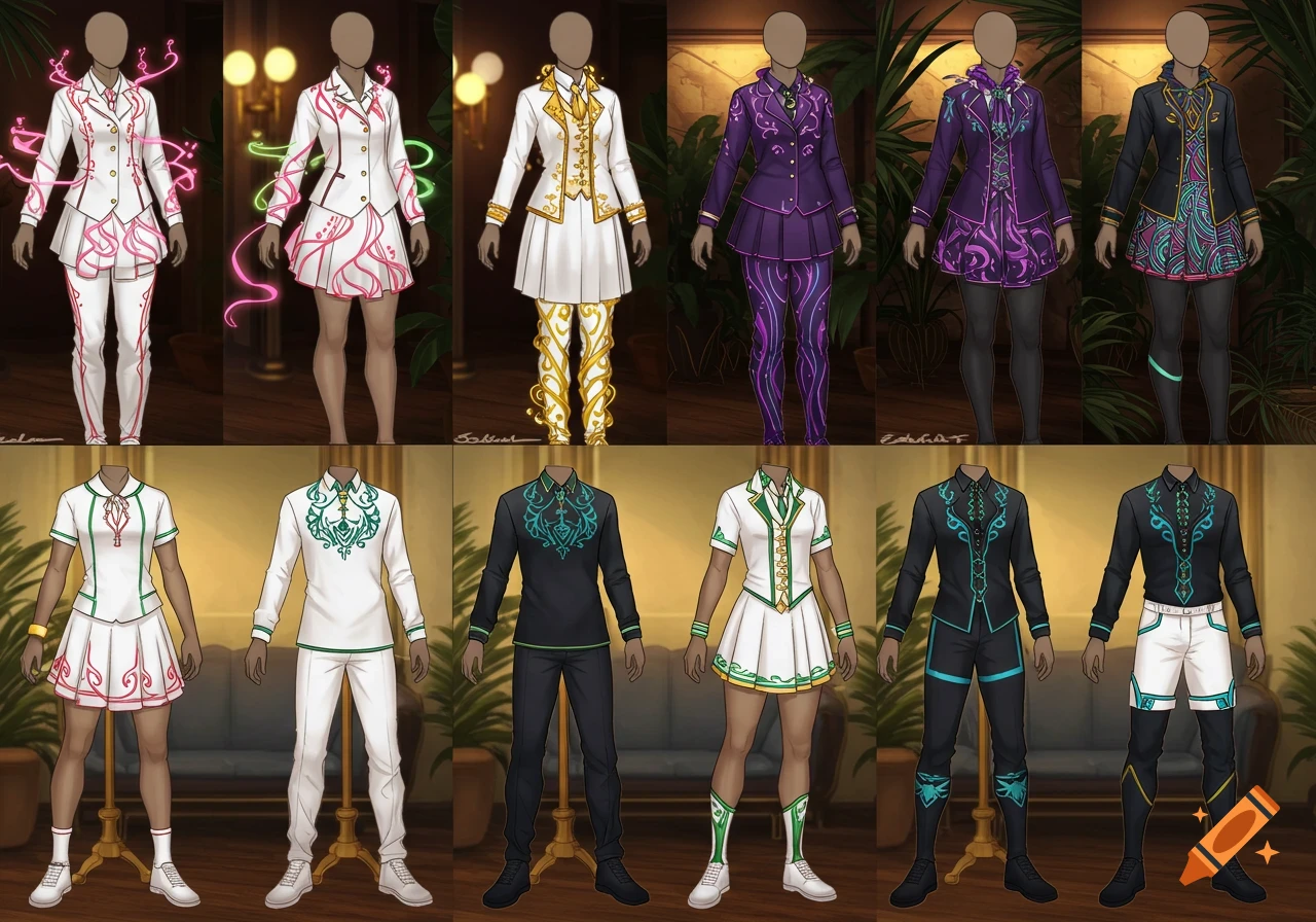 A grid of 12 stylized male and female character designs, showcasing various superhero school uniforms with magical elements and African/Caribbean influences.
