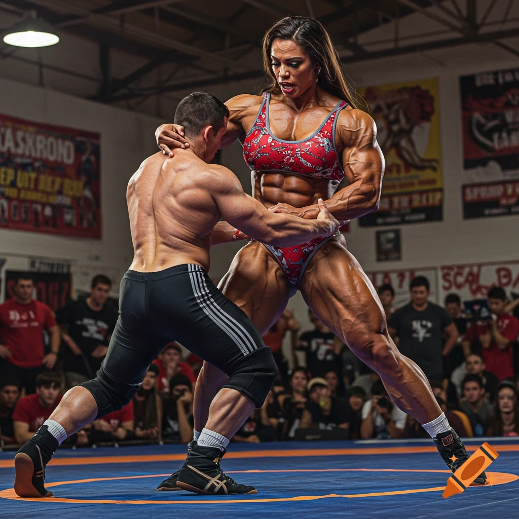 A muscular female bodybuilder grapples with a leaner man on a blue wrestling mat in a gym during a match.