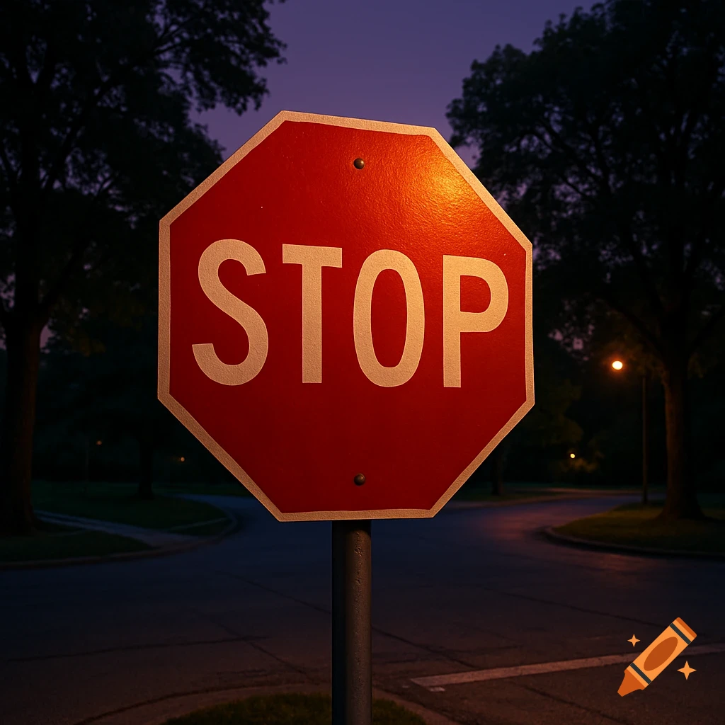 A close-up, photorealistic shot of a red stop sign with the word "STOP" in white, illuminated at a dark intersection at night.