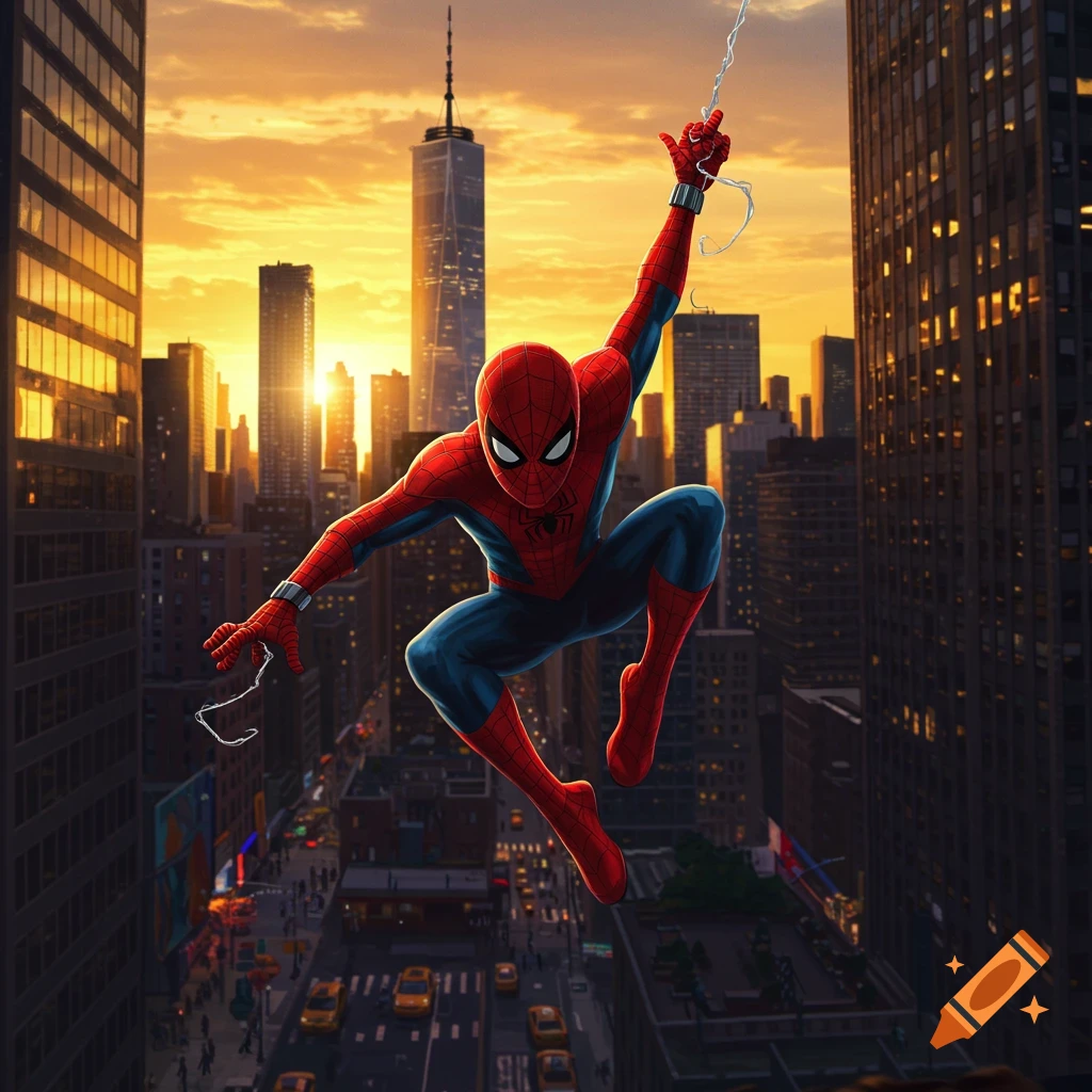 Spider-Man swings through a bustling city skyline at sunset, illuminated by warm orange light, in a dynamic comic book style.