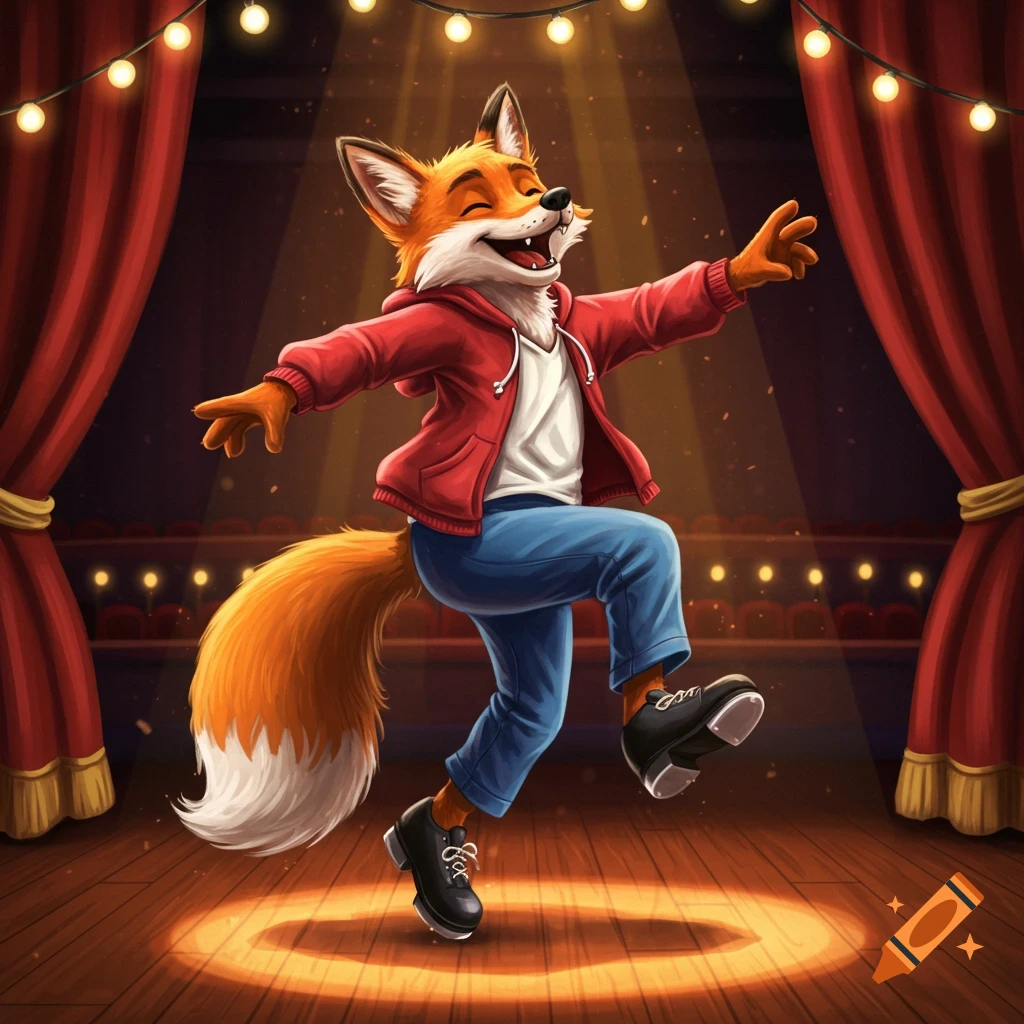 A friendly cartoon anthropomorphic fox tap dancing on a spotlighted stage with red curtains.