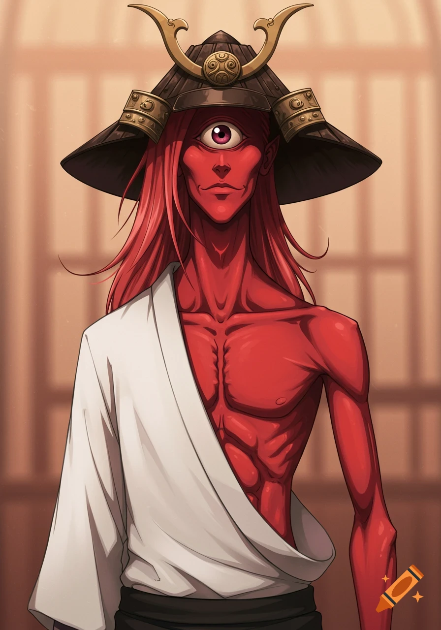 A stylized anime portrait of a red-skinned, cyclops-like man with long red hair, wearing a samurai hat and a white robe.