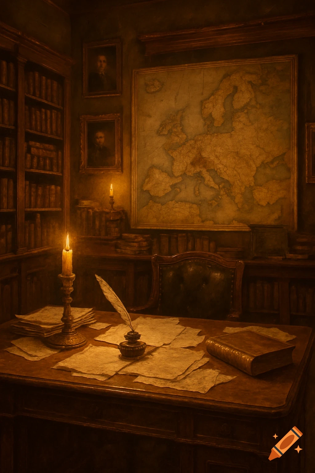 A warm, cinematic painting of an 18th-century study. A wooden desk with papers, quill, inkwell, and candles sits before a vintage map of Europe and bookshelves.