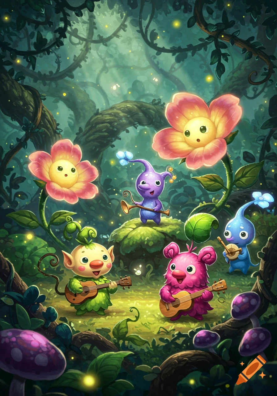 Whimsical cartoon illustration of colorful, cute creatures resembling Pikmin playing instruments in a glowing, magical forest.