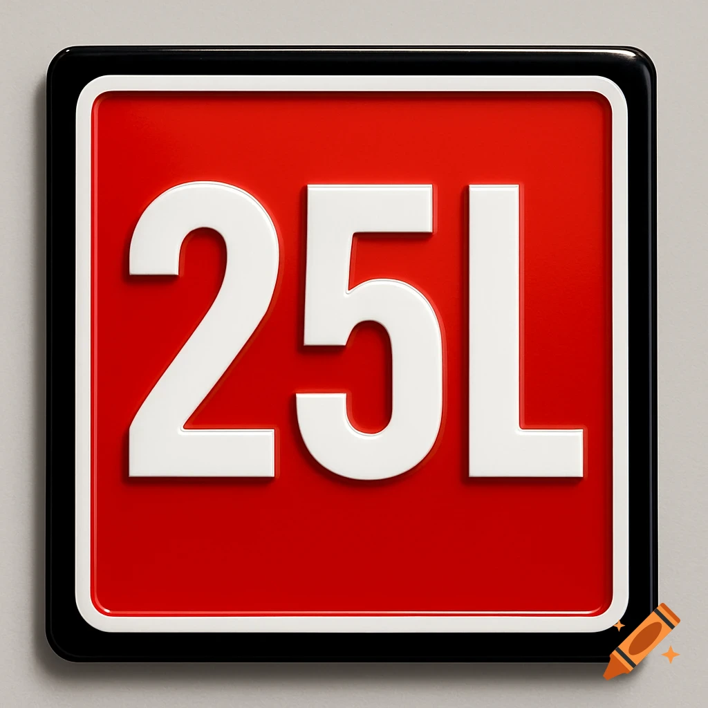 A red square sign with white text '25L' inside a black and white border.