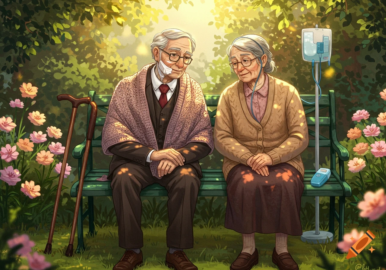 Elderly couple with medical conditions sitting on a park bench, bathed in warm sunlight, surrounded by flowers.