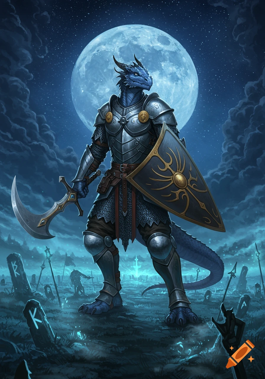 A blue dragonborn paladin in full armor holds a curved sword and shield, standing under a full moon in a dark, rune-covered graveyard.