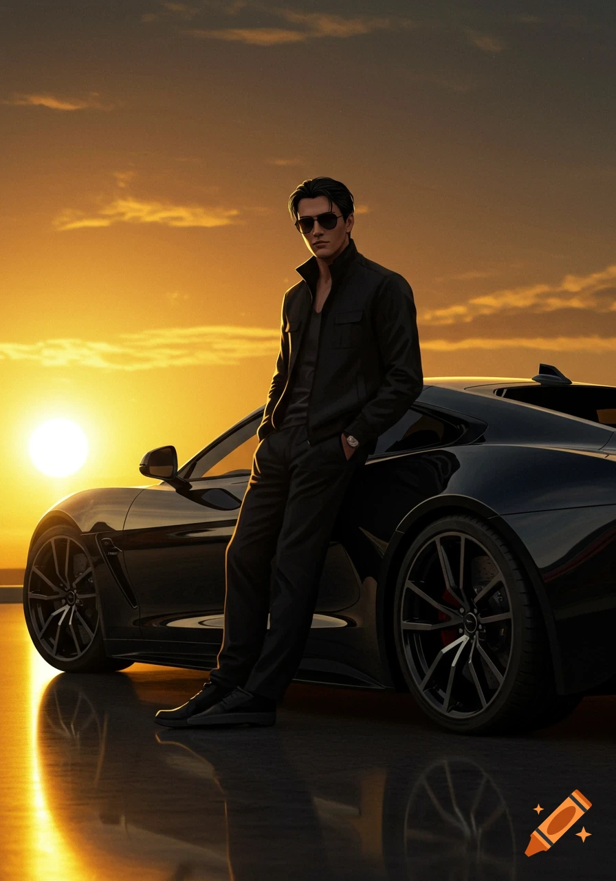 A man in a black outfit and sunglasses leans against a black sports car at sunset, with a golden sky reflected on the ground.