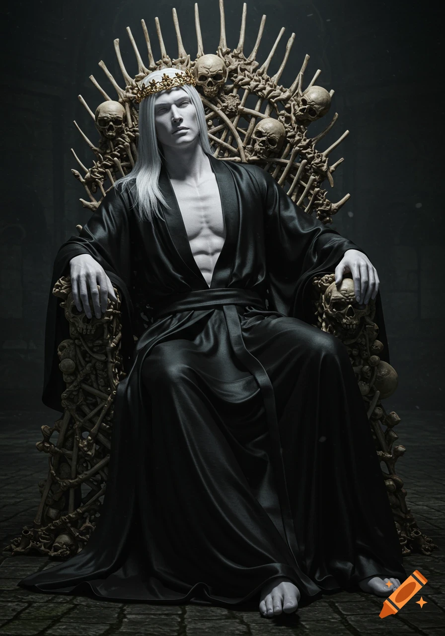 Photorealistic portrait of an albino man with long white hair, black silk robes, and a gold crown, lounging on a throne of human bones.