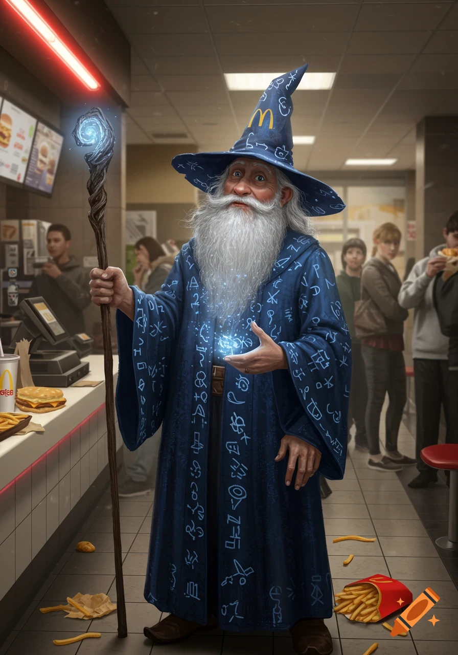 A white-bearded wizard in a blue robe and McDonald's branded hat holds a glowing staff and a glowing orb in a McDonald's restaurant, with dropped fries on the floor.