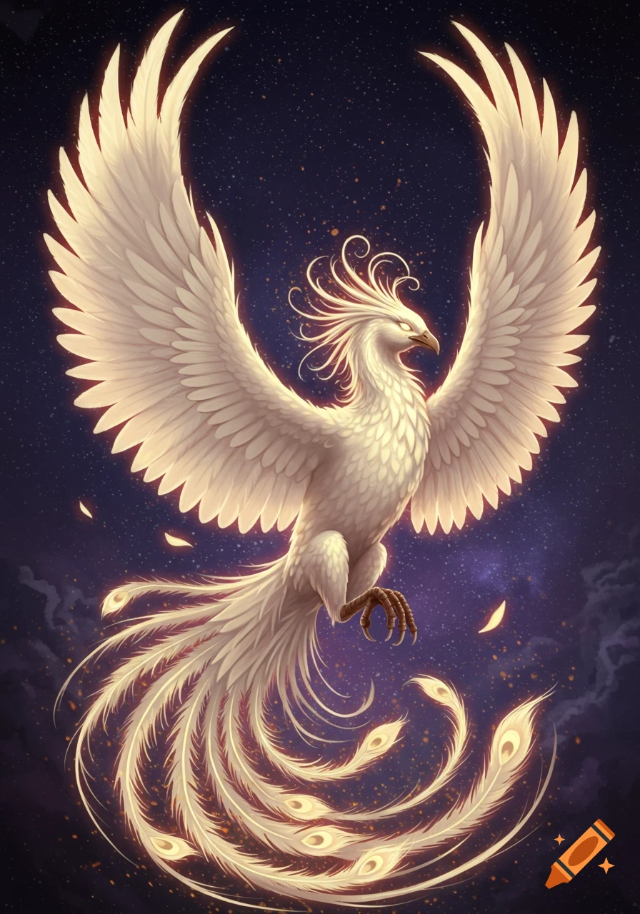 A majestic white phoenix with glowing wings and tail feathers soars against a starry dark purple sky.