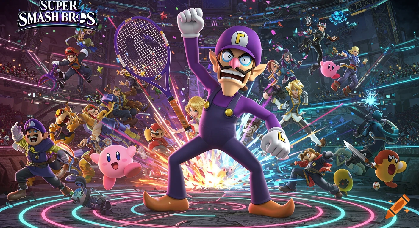 Waluigi, Kirby, and many stylized Super Smash Bros. characters in a vibrant, neon-lit futuristic arena.