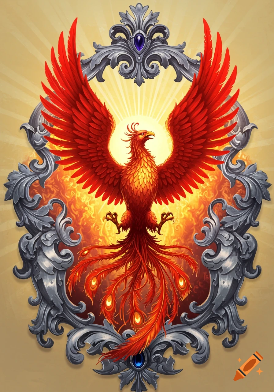 Vibrant red and orange phoenix with outstretched wings rising from flames within an ornate silver crest.