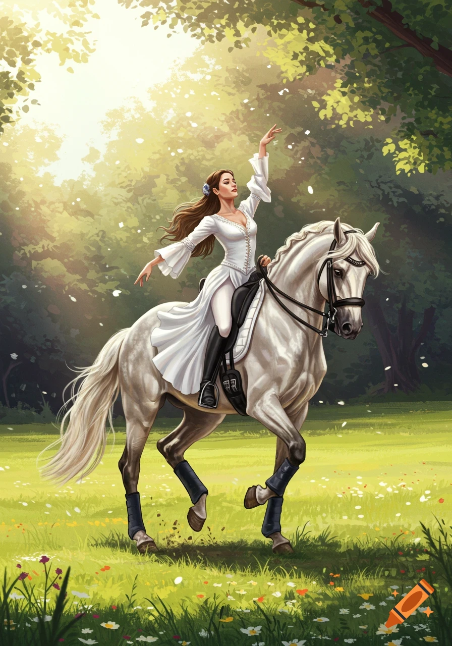 Illustrative painting of a woman in a white dress gracefully riding a white horse in a sunlit field.
