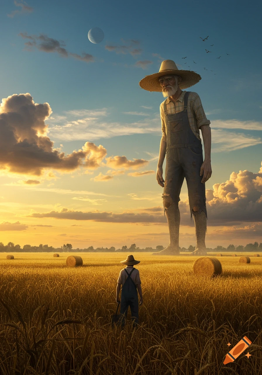 A giant farmer and a smaller farmer stand in a golden wheat field with hay bales at sunset, a crescent moon in the sky.