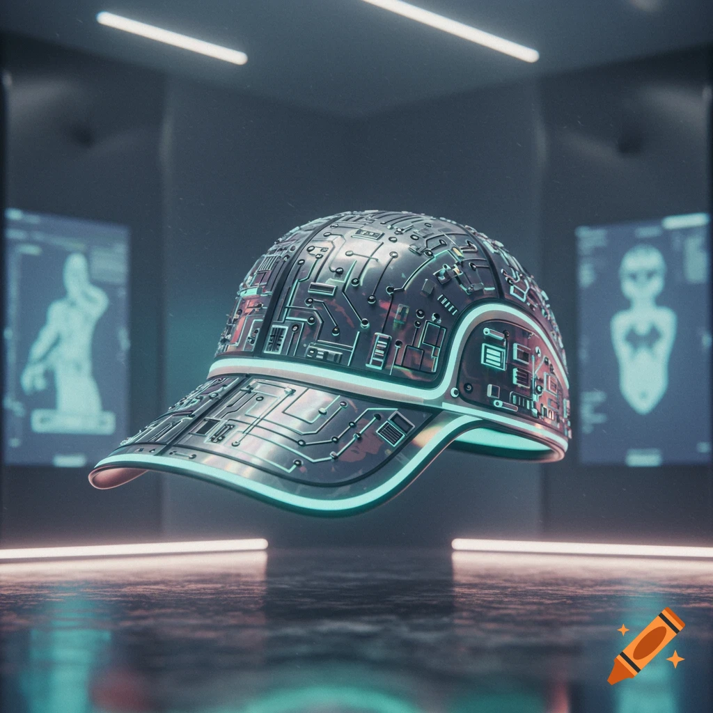 A futuristic baseball cap, made of intricate circuitry with glowing teal lines, floats in a dark, neon-lit room with holographic displays.