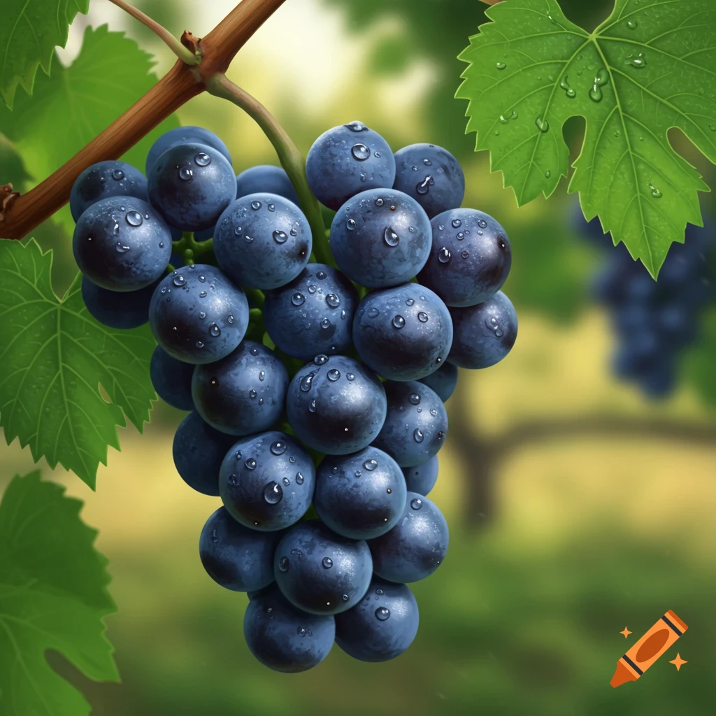 A close-up of a cluster of dark purple grapes covered in water droplets, hanging from a vine with green leaves.