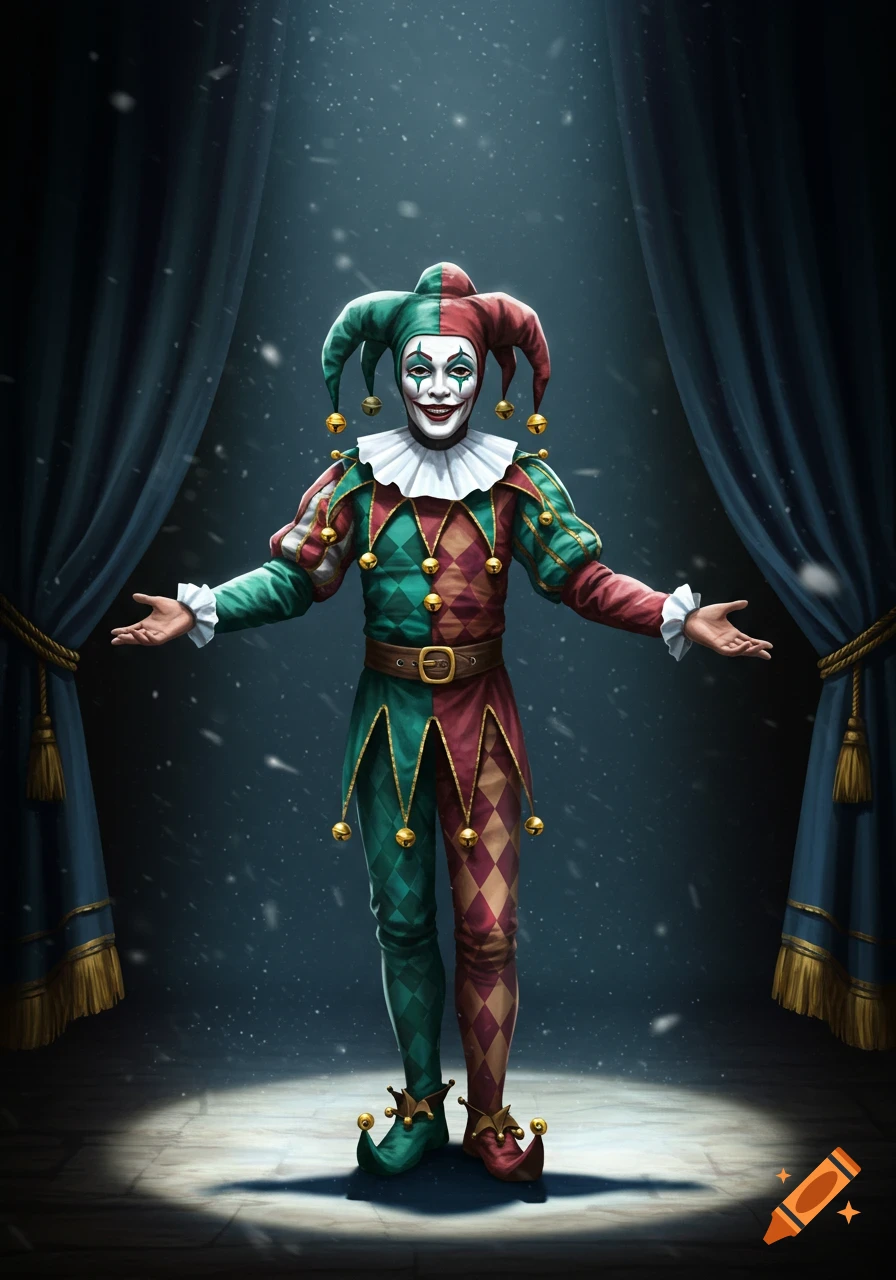 A full-body shot of a smiling jester in a red and green harlequin costume with bells, standing in a spotlight on a stage.