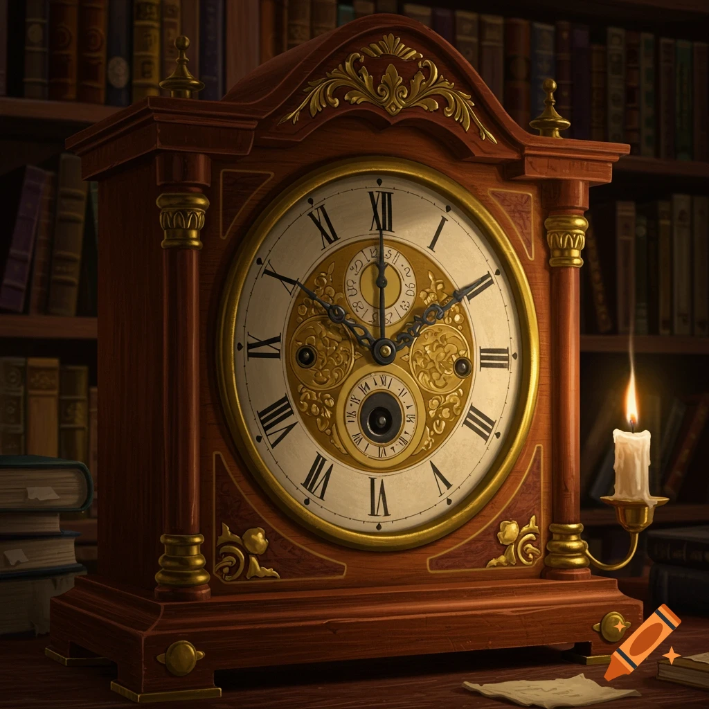 An ornate wooden antique mantel clock with Roman numerals sits on a table in a dimly lit library, alongside books and a burning candle.