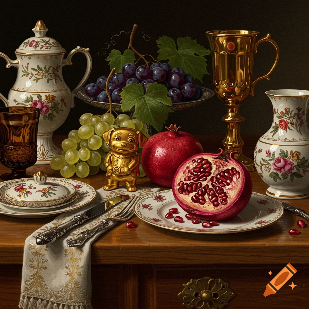 A Clara Peeters style still life painting featuring a golden Labubu figurine, grapes, pomegranates, and ornate tableware on a wooden table.
