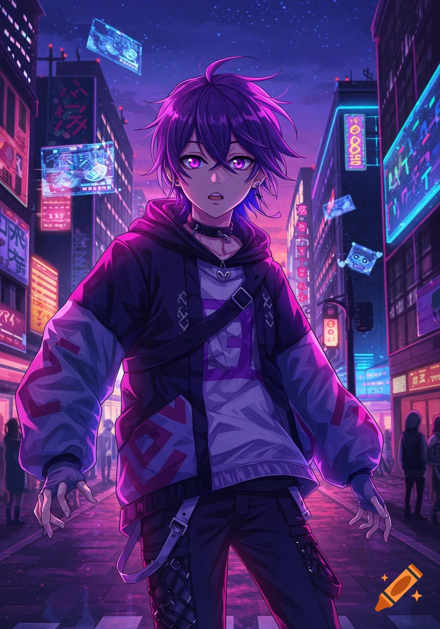 An anime boy with purple hair and glowing eyes stands in a vibrant, neon-lit cyberpunk city street at night.
