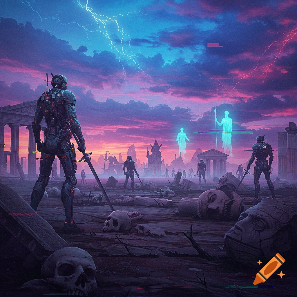 Futuristic androids in a dystopian landscape with skulls, ruins, glowing figures, and lightning in a neon sky.