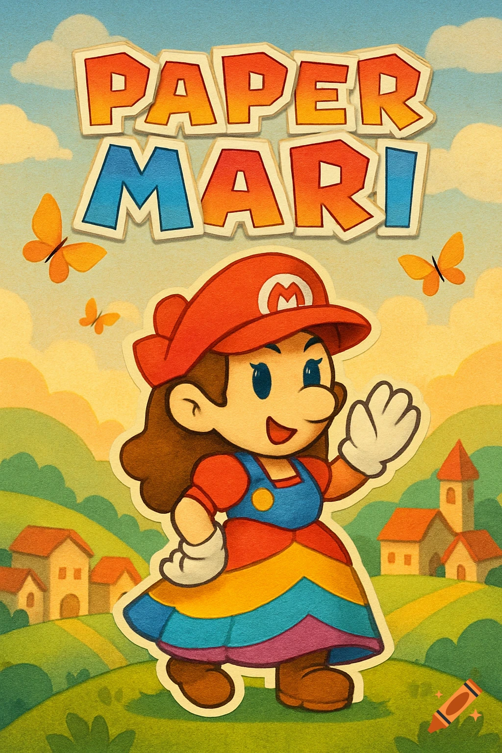 Papercraft cartoon of Mari, a female Mario character in overalls and a rainbow dress, waving in a rural landscape with butterflies.