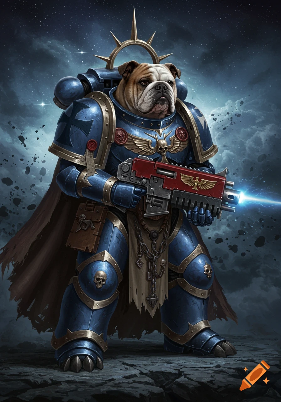 A bulldog in blue and gold Warhammer 40k Space Marine power armor holds a plasma rifle, standing heroically against a starry, cloudy sky.