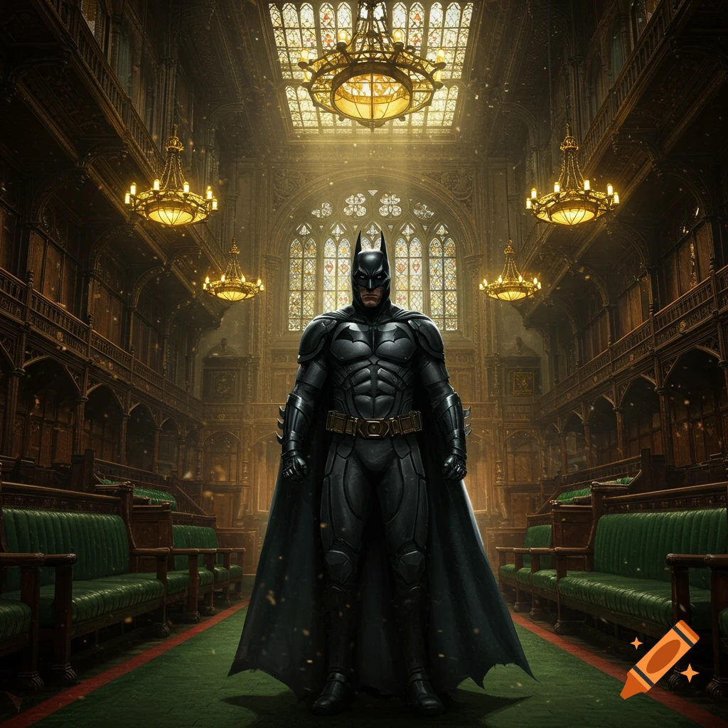 Batman stands prominently in the richly decorated, ornate hall of the House of Commons, with grand chandeliers and stained glass.