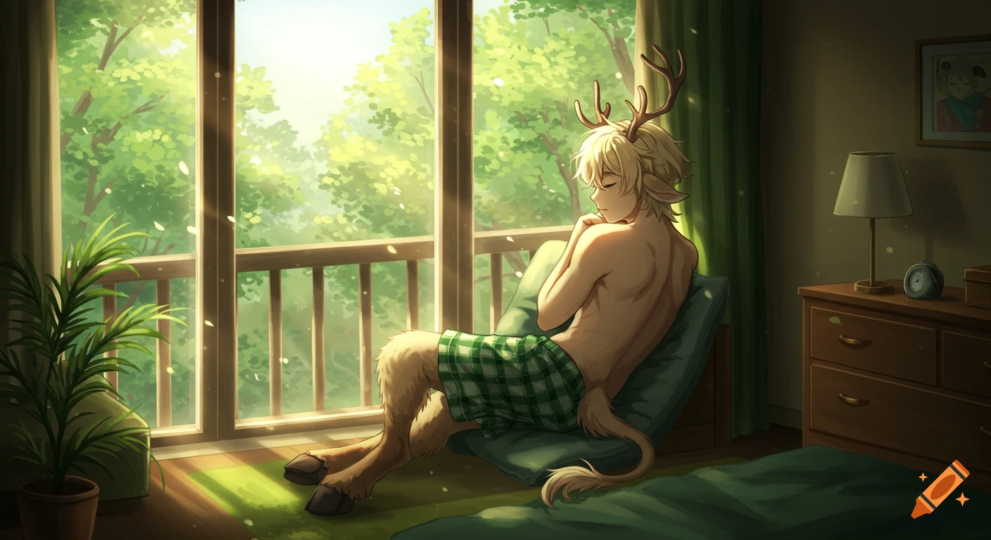 A shirtless blonde satyr with antlers and hooves relaxes in a sunlit room, his back to the viewer, in anime style.