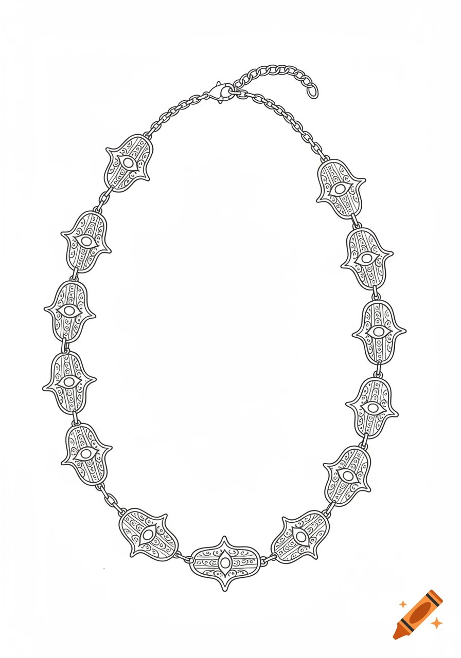 An outline drawing of a chainlink necklace made of interconnected Hamsa hand symbols.