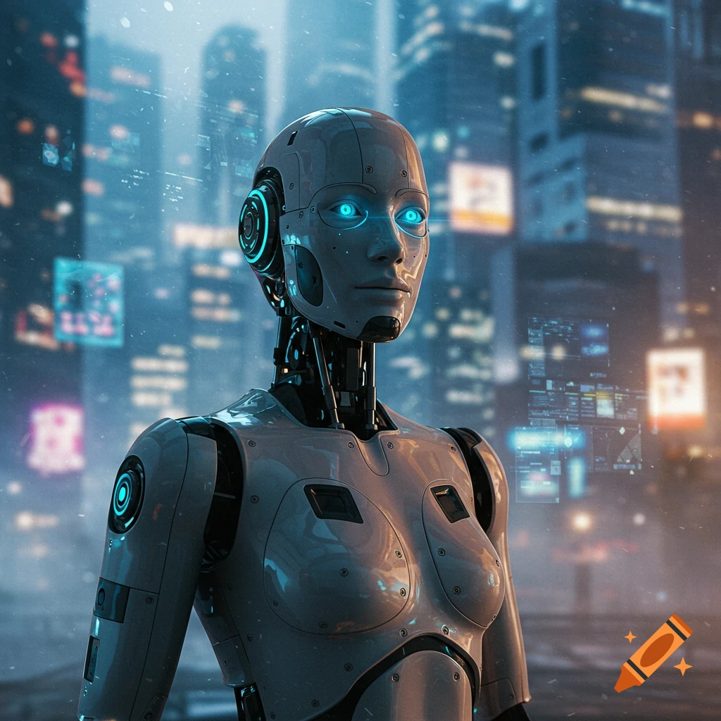 A humanoid robot with glowing blue eyes stands in a futuristic cyberpunk city at night, with digital data displays in the background.
