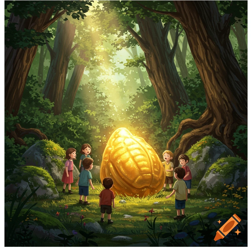 Seven cartoon children gaze in wonder at a giant glowing golden peanut-shaped object in a sunlit fantasy forest.