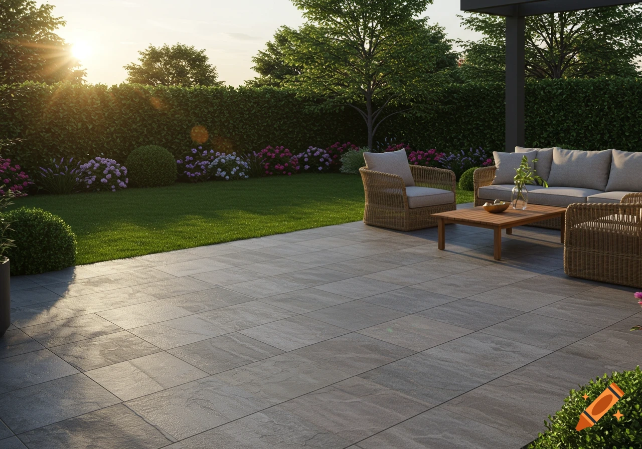 A serene backyard patio with grey tiles, green lawn, hedges, colorful flowers, and outdoor wicker furniture at sunset.