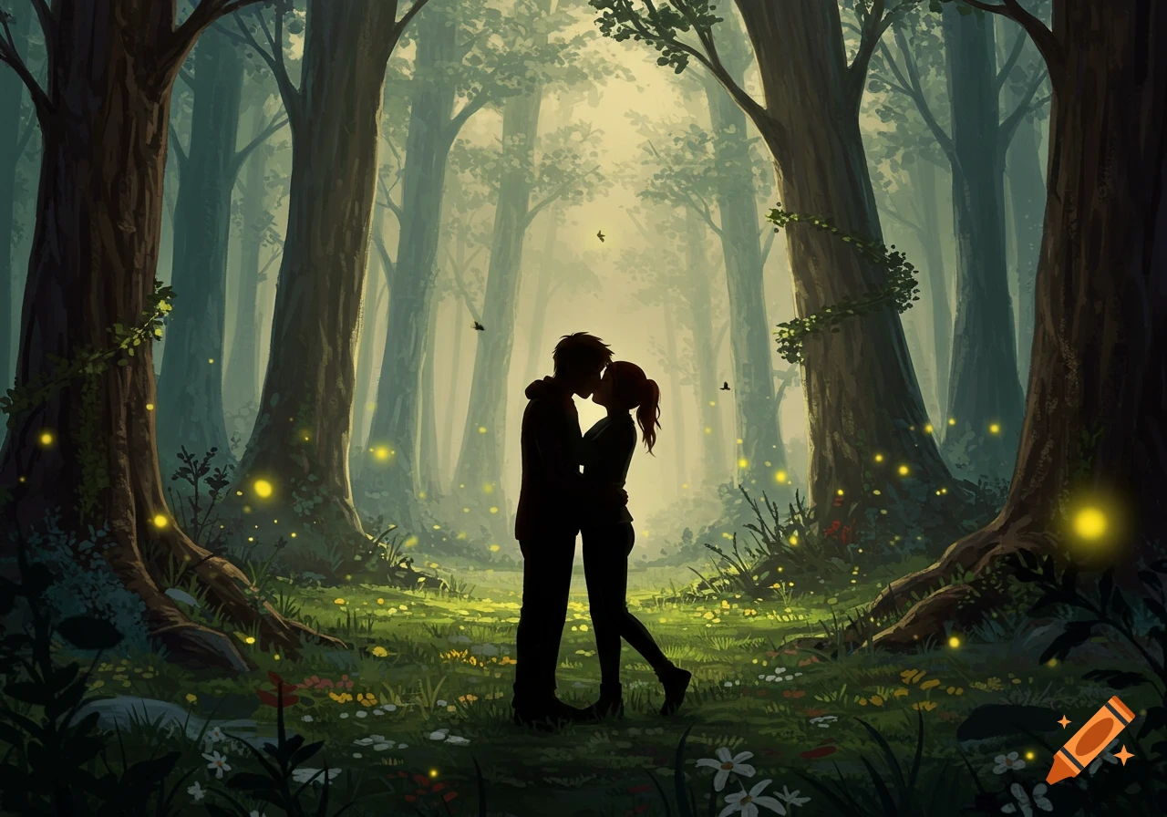Stylized illustration of a couple's silhouettes kissing in an enchanted forest filled with glowing fireflies.