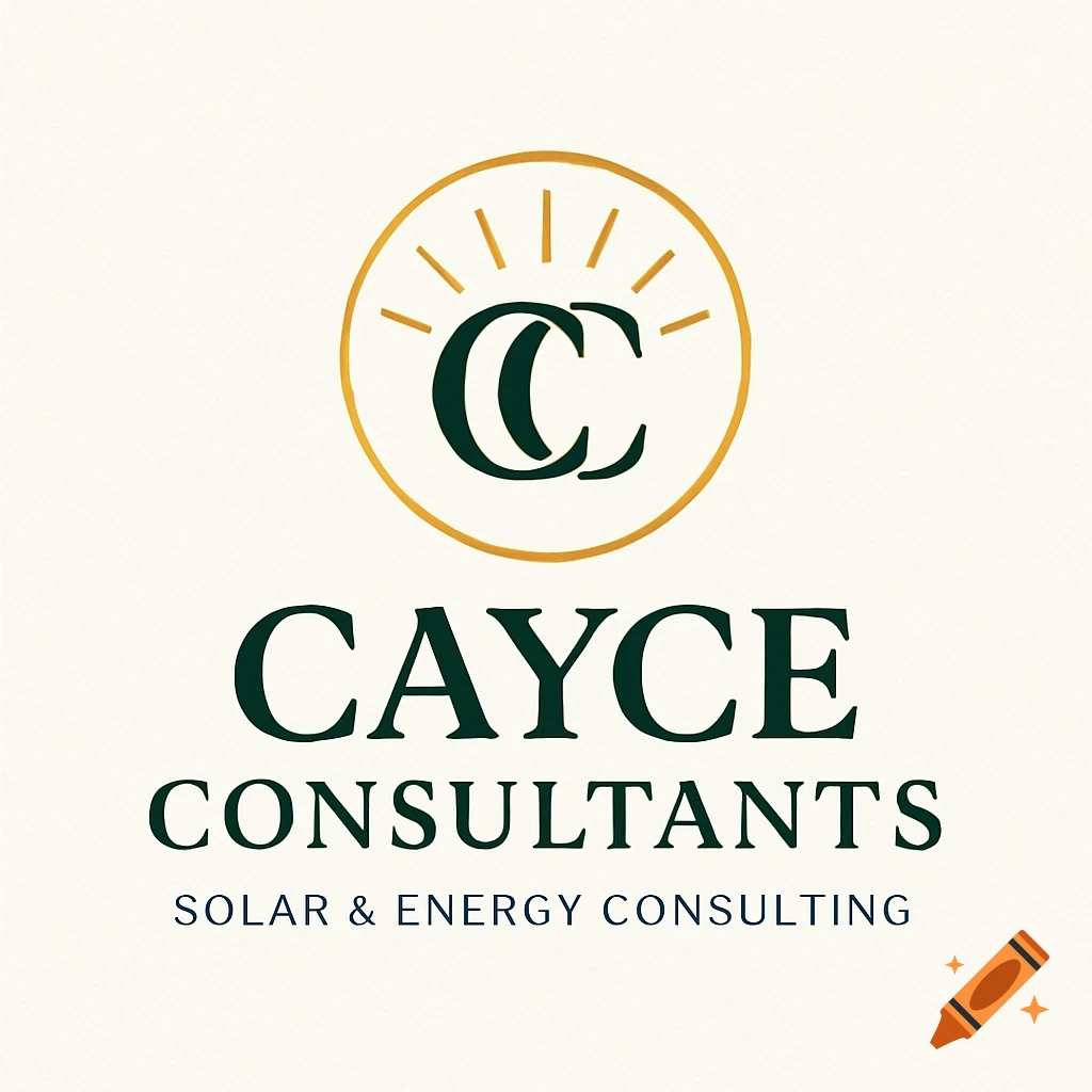 Logo for Cayce Consultants with a gold circular emblem, CC monogram, sun rays, and text 'Solar & Energy Consulting' in evergreen and gold.
