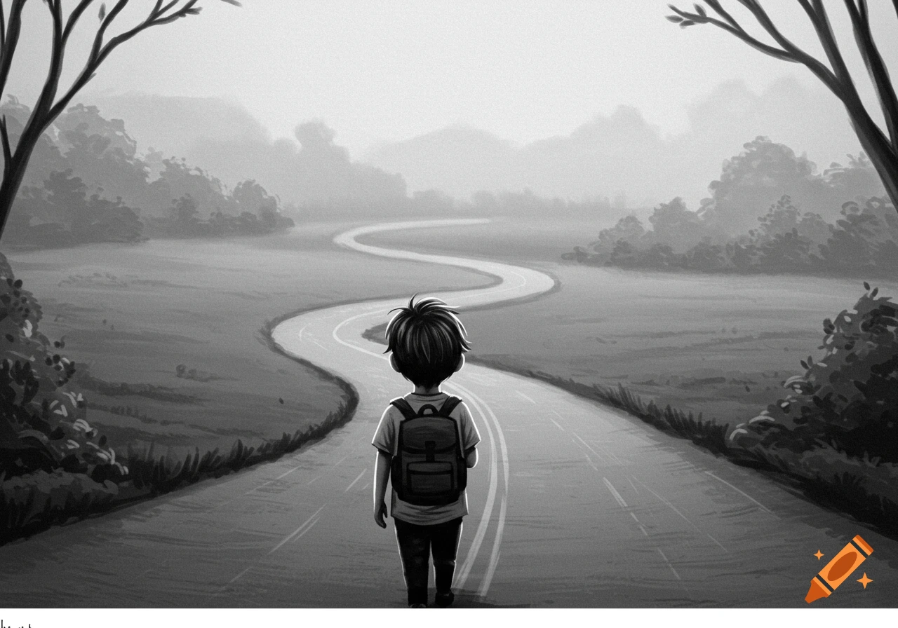 A black and white illustration of a child with a backpack, viewed from behind, walking on a winding road through a misty landscape.