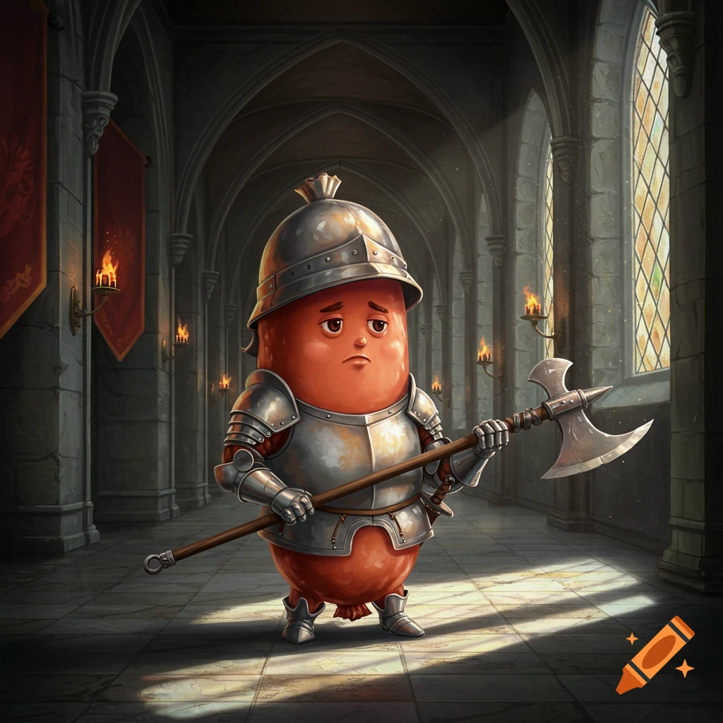 A sad cartoon sausage in full knight armor and helmet holds a halberd in a grand, torch-lit castle hallway.