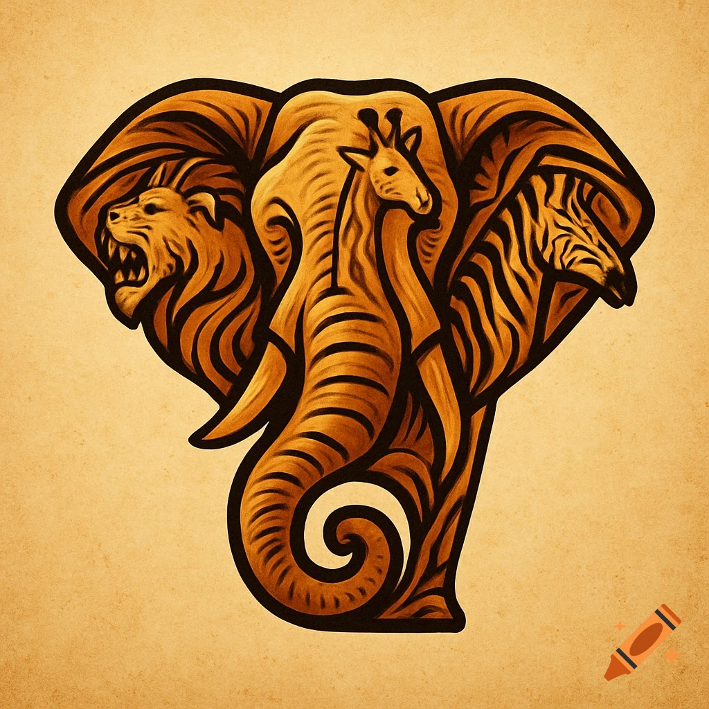 A stylized logo of an elephant's head formed by a roaring lion, a giraffe, and a zebra in warm brown and orange tones on a textured background.