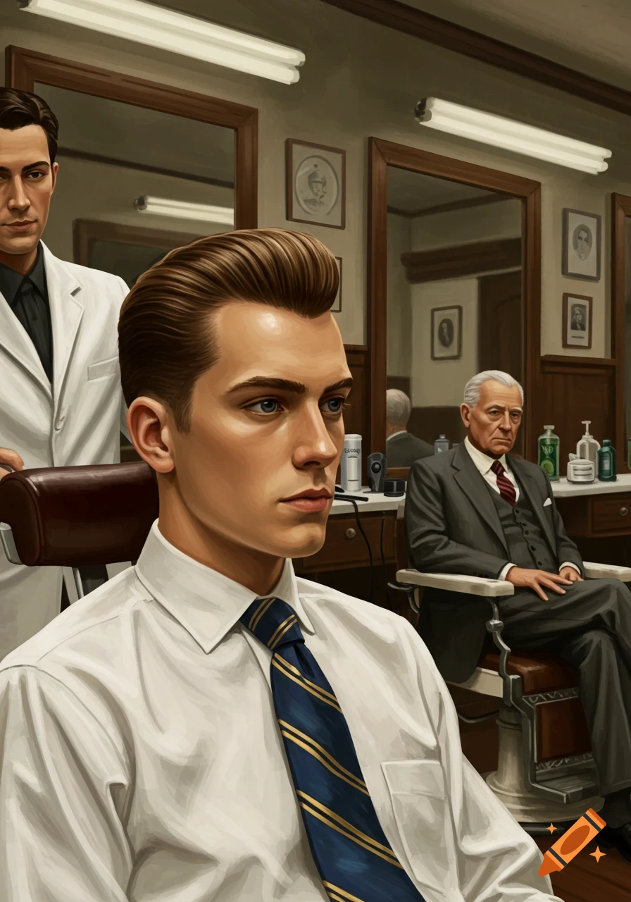 Young man with a stylish haircut sits in a barber chair, a barber stands behind him, and an older man waits in the background.